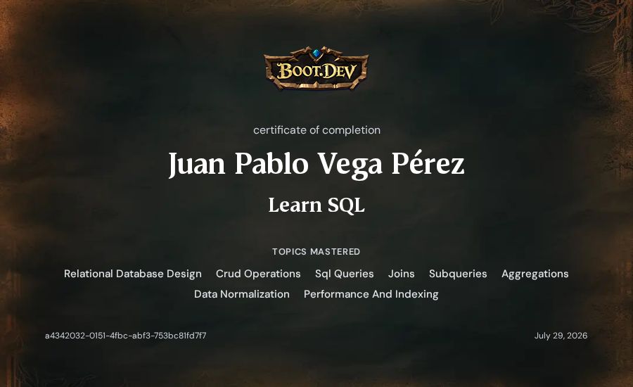 Juan Pablo Vega Pérez's Boot.dev Learn SQL certificate