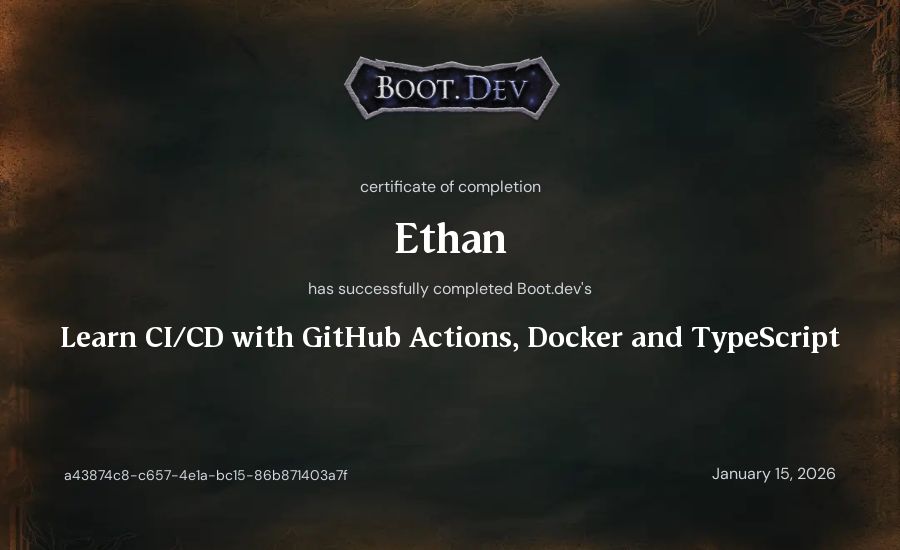 Ethan's Boot.dev Learn CI/CD with GitHub Actions, Docker and TypeScript certificate