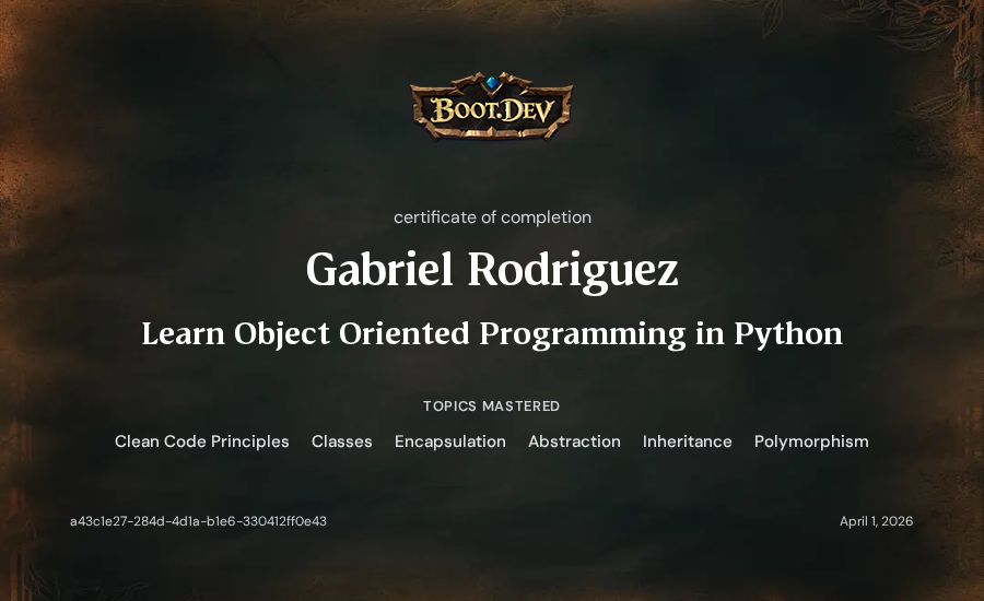 Gabriel Rodriguez's Boot.dev Learn Object Oriented Programming in Python certificate