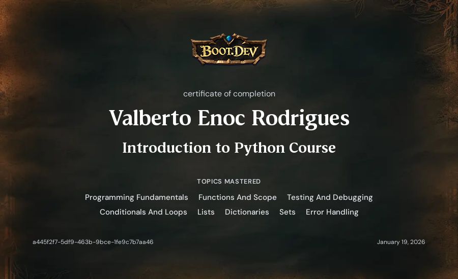Valberto Enoc Rodrigues's Boot.dev Introduction to Python Course certificate