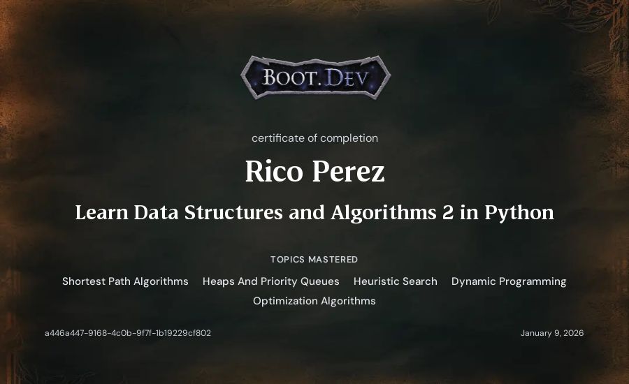 Celeste Perez's Boot.dev Learn Data Structures and Algorithms 2 in Python certificate