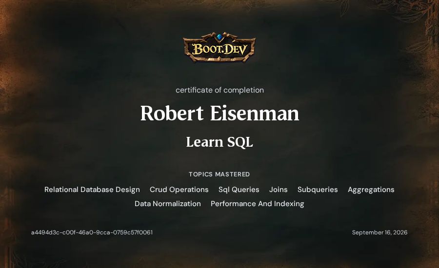 Robert Eisenman's Boot.dev Learn SQL certificate