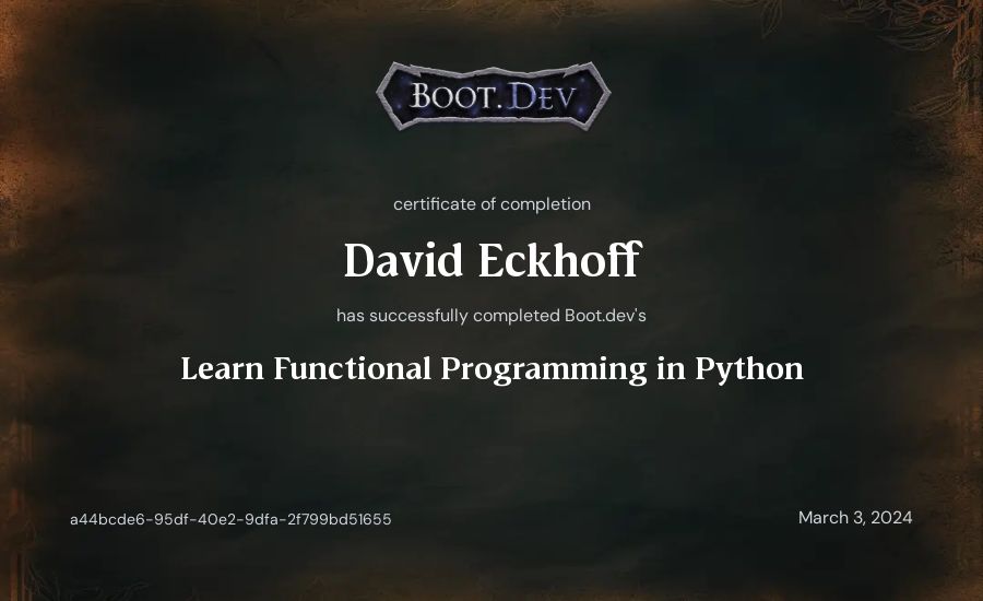 David Eckhoff's Boot.dev Learn Functional Programming in Python certificate