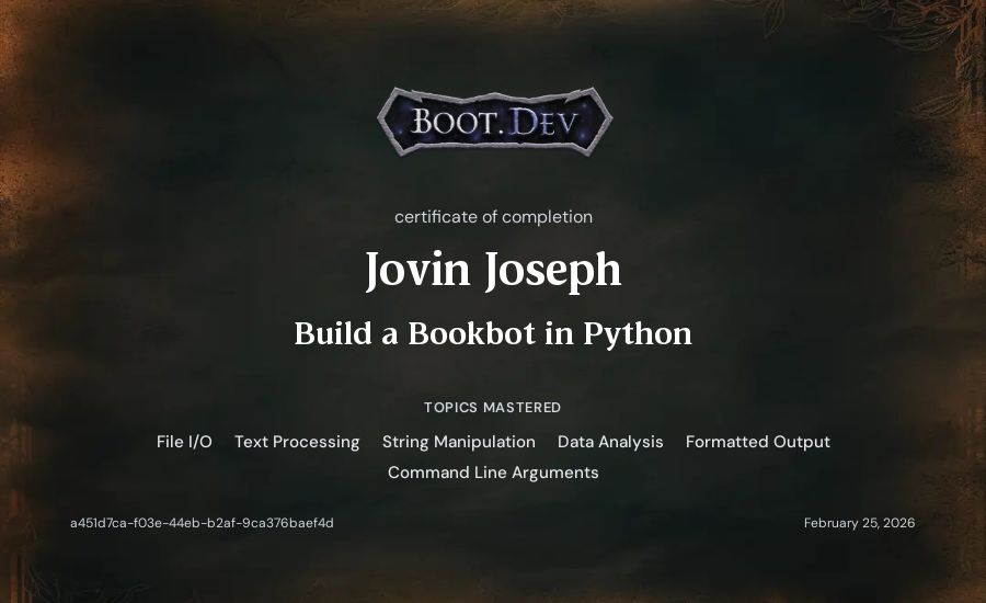 Jovin Joseph's Boot.dev Build a BookBot in Python certificate