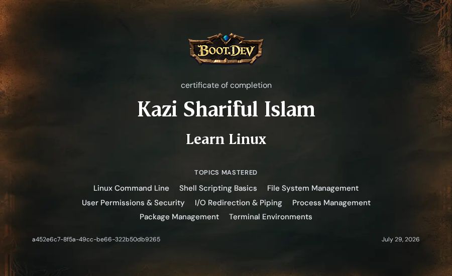 Kazi Shariful Islam's Boot.dev Learn Linux certificate