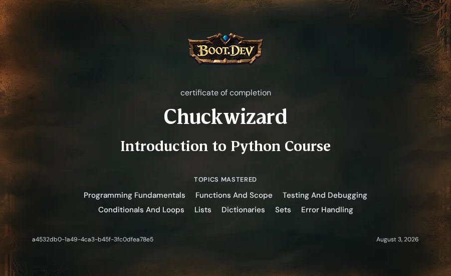 Chuckwizard's Boot.dev Introduction to Python Course certificate