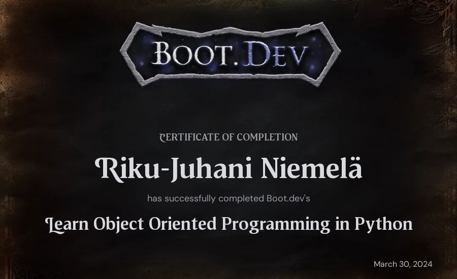 Riku-Juhani Niemelä's Boot.dev Learn Object Oriented Programming in Python certificate