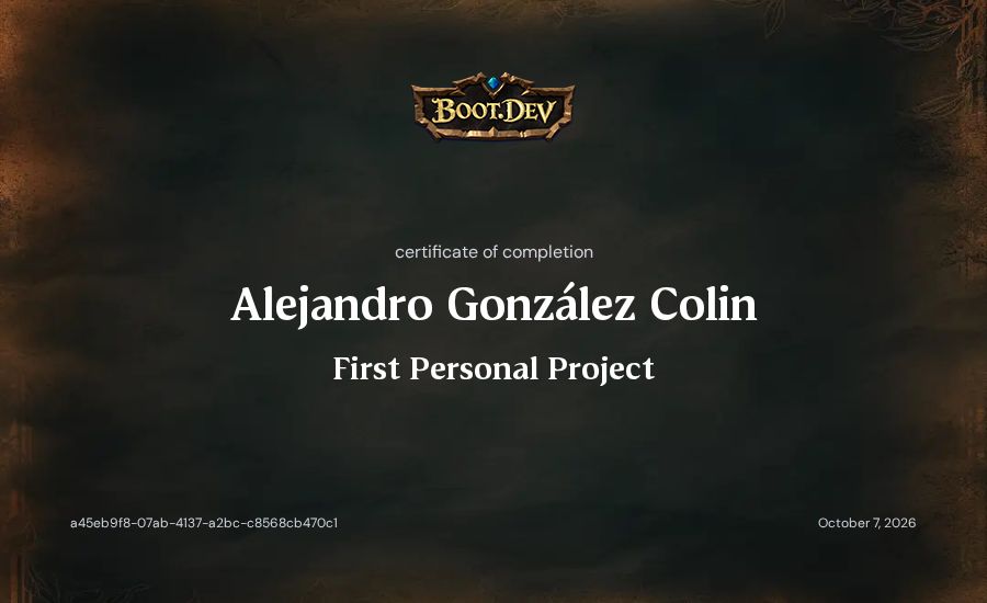 Alejandro González Colin's Boot.dev First Personal Project certificate