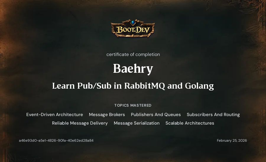 Baehry's Boot.dev Learn Pub/Sub in RabbitMQ and Go certificate