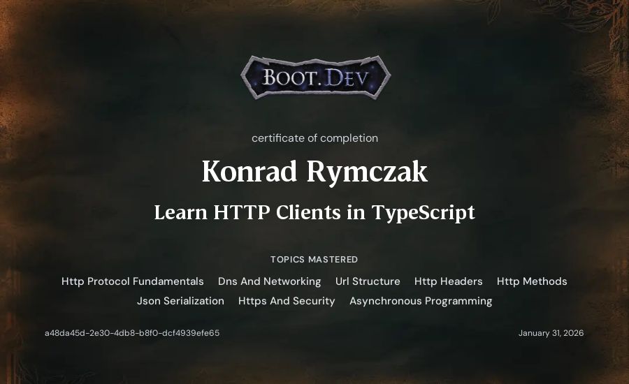 Konrad Rymczak's Boot.dev Learn HTTP Clients in TypeScript certificate