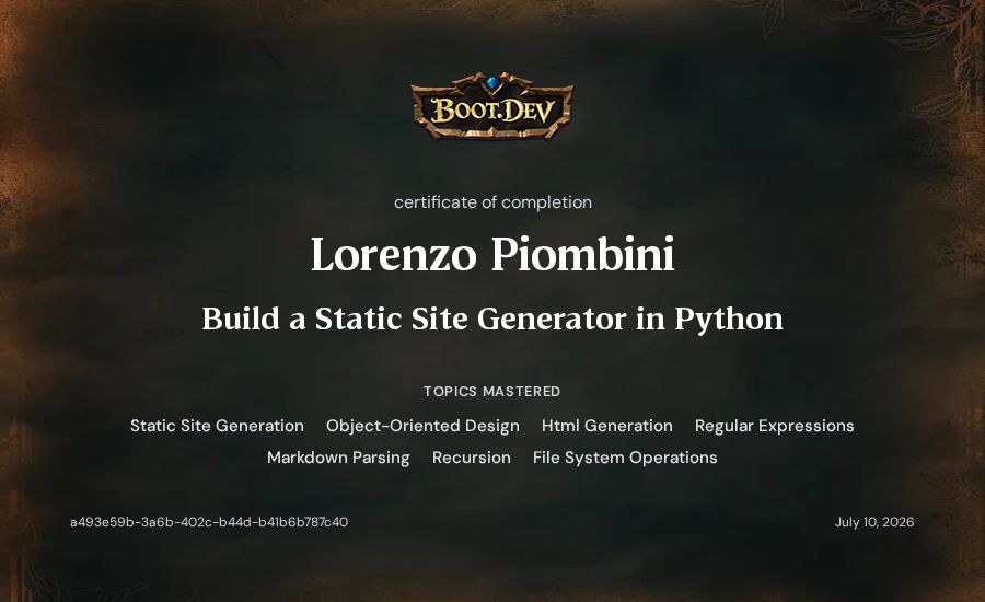 Lorenzo Piombini's Boot.dev Build a Static Site Generator in Python certificate