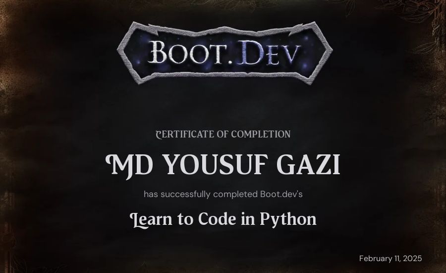MD YOUSUF GAZI's Boot.dev Introduction to Python Course certificate