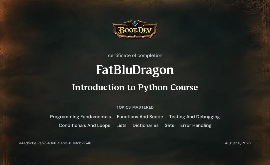 FatBluDragon's Boot.dev Introduction to Python Course certificate