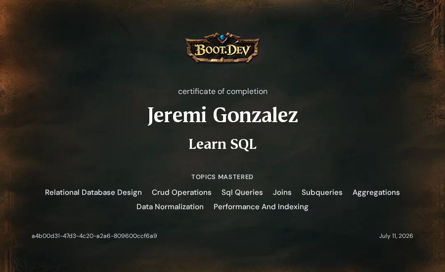 Jeremi Gonzalez's Boot.dev Learn SQL certificate