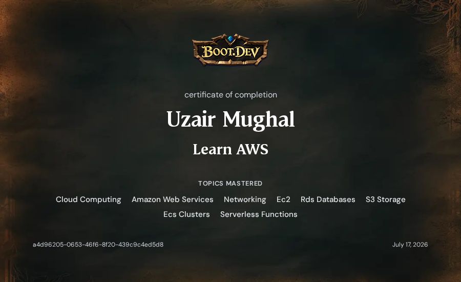 Uzair Mughal's Boot.dev Learn AWS certificate