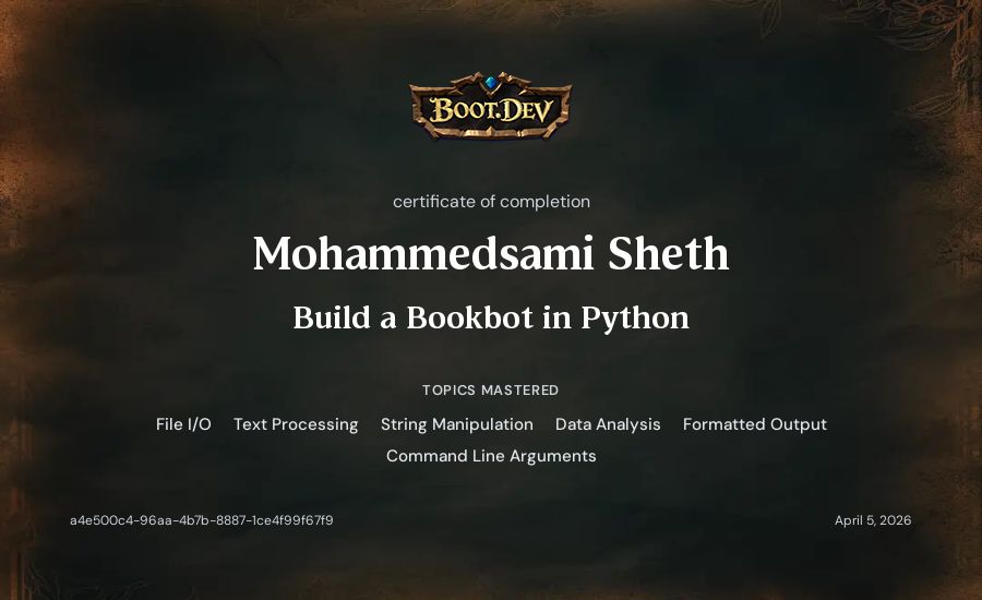 Mohammedsami Sheth's Boot.dev Build a BookBot in Python certificate