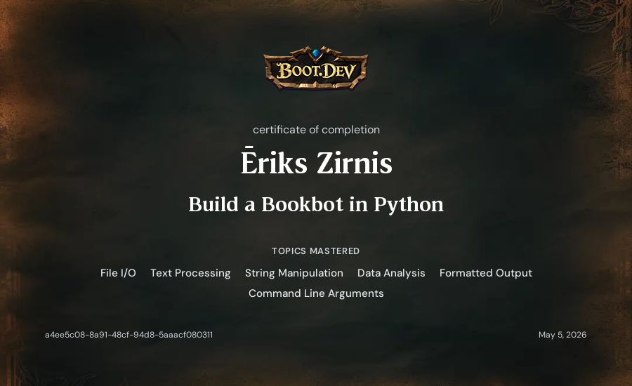 Ēriks Zirnis's Boot.dev Build a BookBot in Python certificate