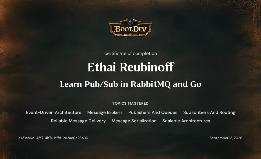 Ethai Reubinoff's Boot.dev Learn Pub/Sub in RabbitMQ and Go certificate