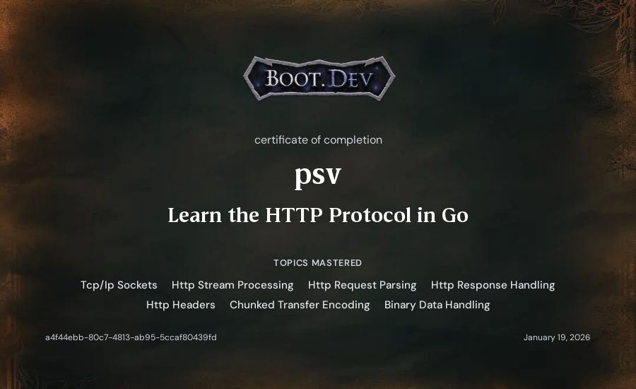 psv's Boot.dev Learn the HTTP Protocol in Go certificate