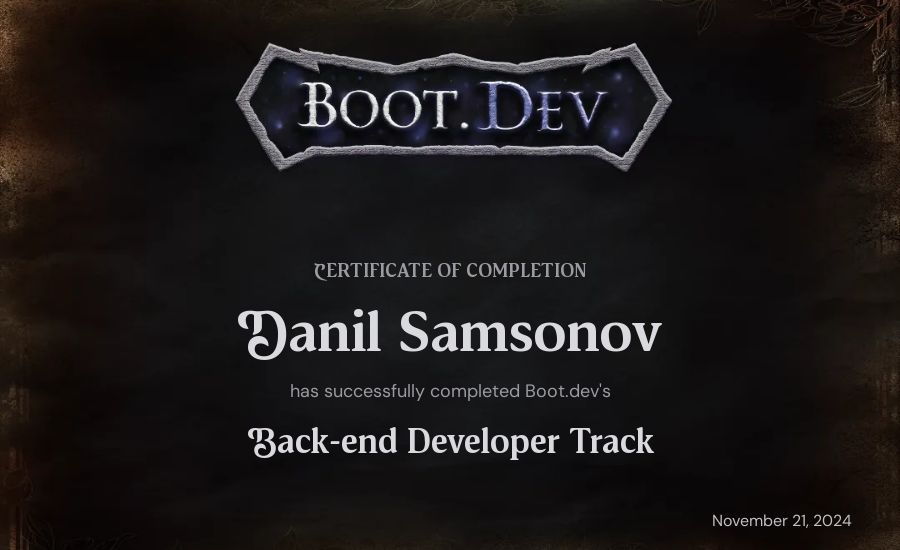 Danil Samsonov's Boot.dev Back-end Developer Path certificate