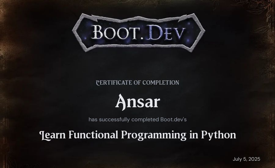 Ansar's Boot.dev Learn Functional Programming in Python certificate