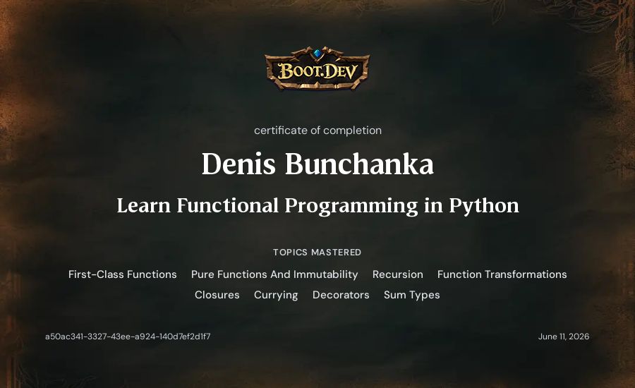 Denis Bunchanka's Boot.dev Learn Functional Programming in Python certificate