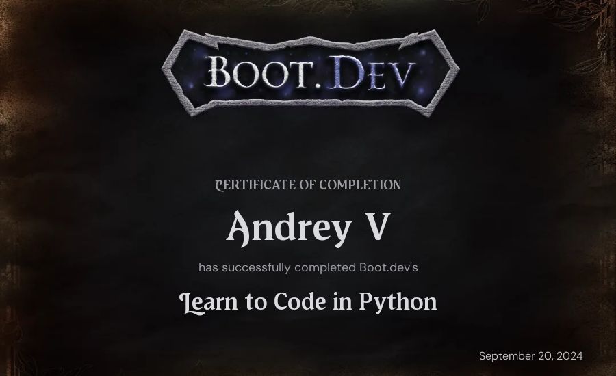 m's Boot.dev Introduction to Python Course certificate