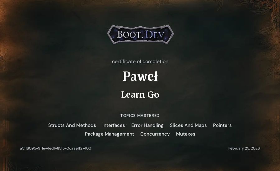 Paweł's Boot.dev Learn Go certificate
