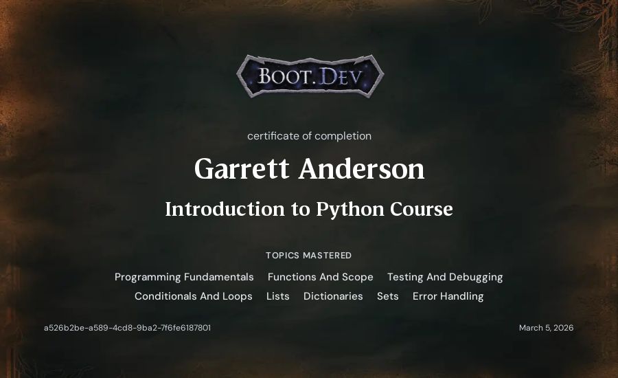 Garrett Anderson's Boot.dev Introduction to Python Course certificate