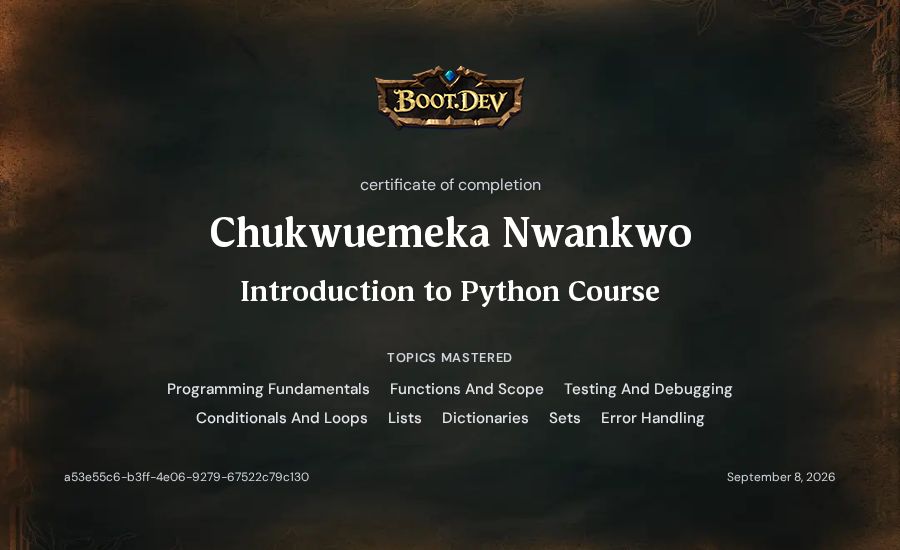 Chukwuemeka Nwankwo's Boot.dev Introduction to Python Course certificate
