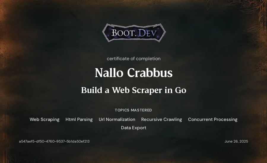 Nallo Crabbus's Boot.dev Build a Web Scraper in Go certificate