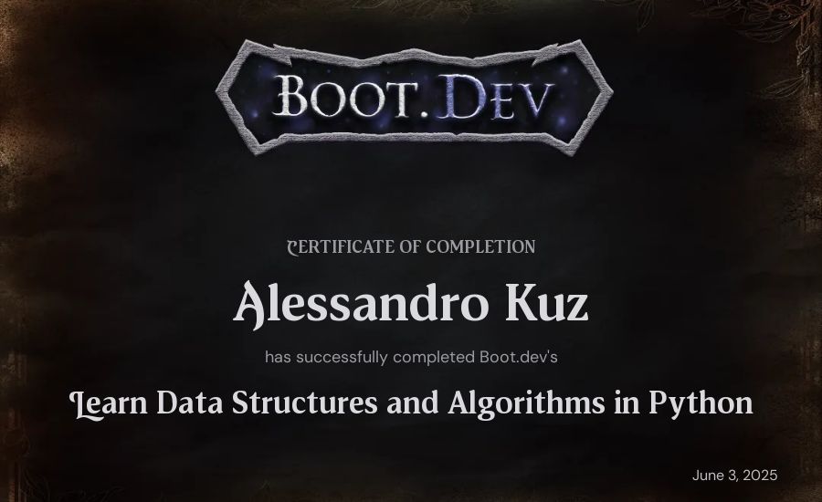 Alessandro Kuz's Boot.dev Learn Data Structures and Algorithms in Python certificate