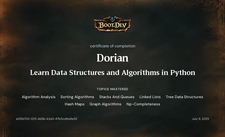 Dorian's Boot.dev Learn Data Structures and Algorithms in Python certificate