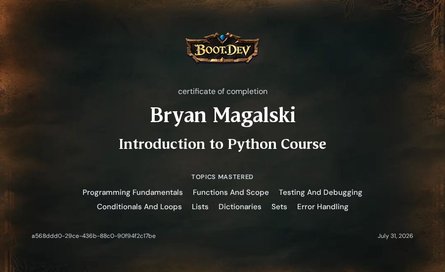 Bryan Magalski's Boot.dev Introduction to Python Course certificate