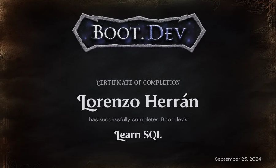 Lorenzo Herrán's Boot.dev Learn SQL certificate