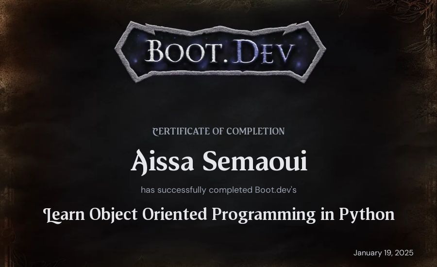 Aissa Semaoui's Boot.dev Learn Object Oriented Programming in Python certificate