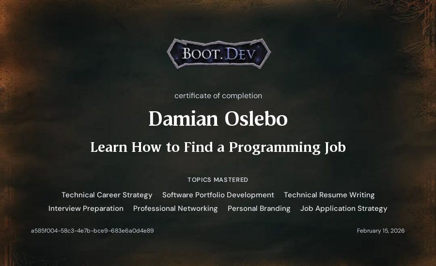 Damian Oslebo's Boot.dev Learn How to Find a Programming Job certificate