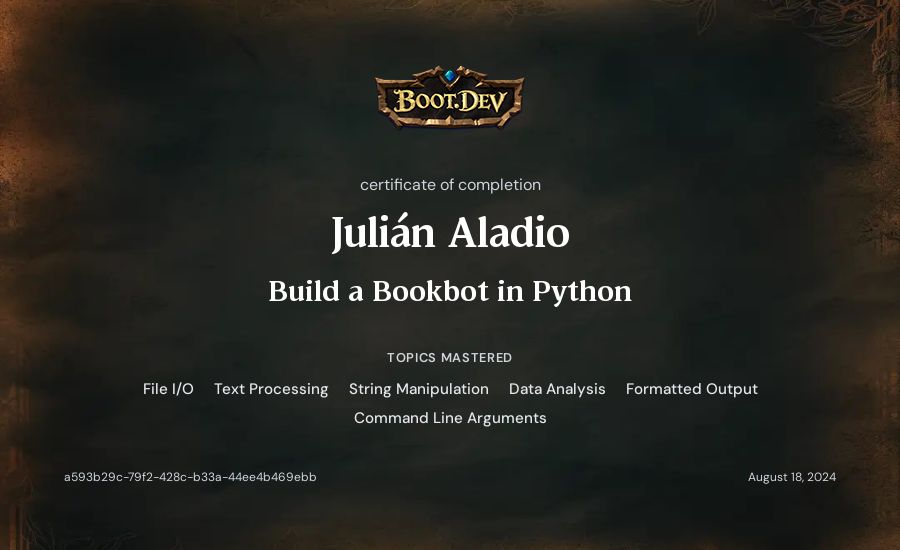 Julián Aladio's Boot.dev Build a BookBot in Python certificate