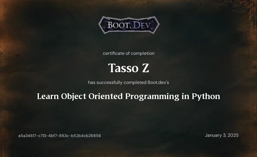 Tasso Z's Boot.dev Learn Object Oriented Programming in Python certificate