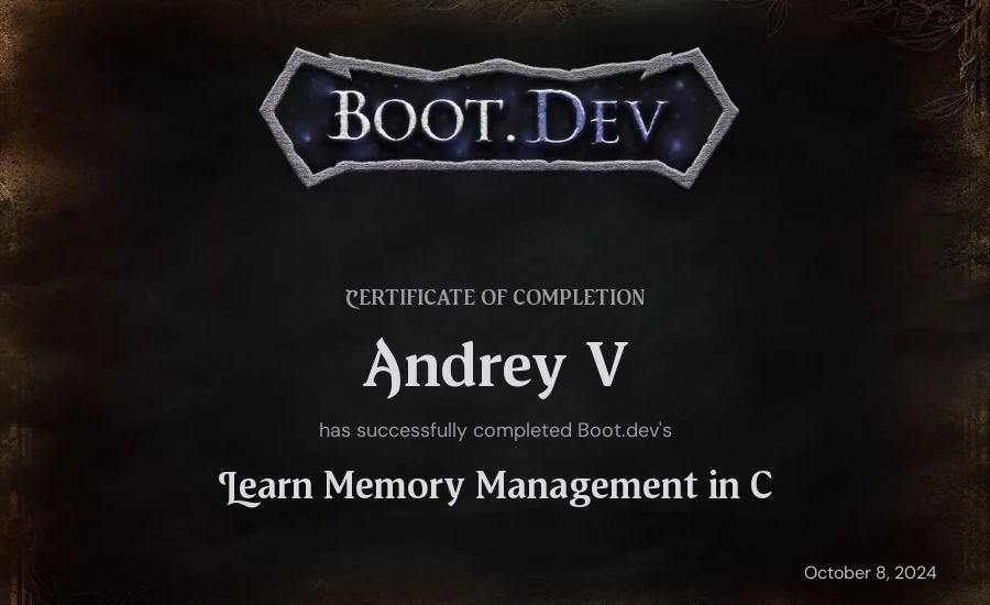 m's Boot.dev Learn Memory Management in C certificate