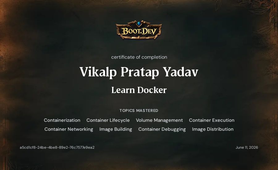 Vikalp Pratap Yadav's Boot.dev Learn Docker certificate