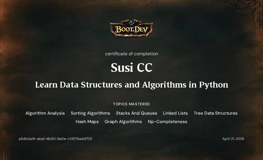 Susi CC's Boot.dev Learn Data Structures and Algorithms in Python certificate