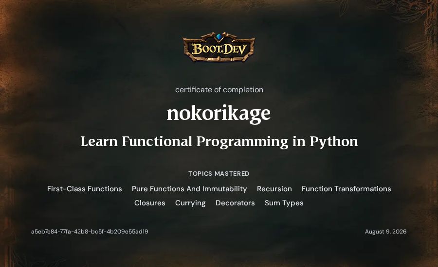 nokorikage's Boot.dev Learn Functional Programming in Python certificate