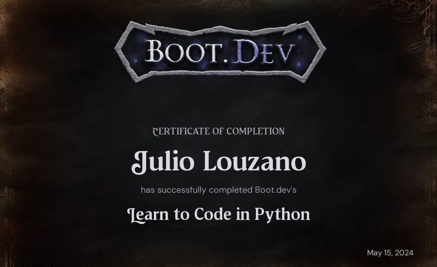 Julio Louzano's Boot.dev Introduction to Python Course certificate