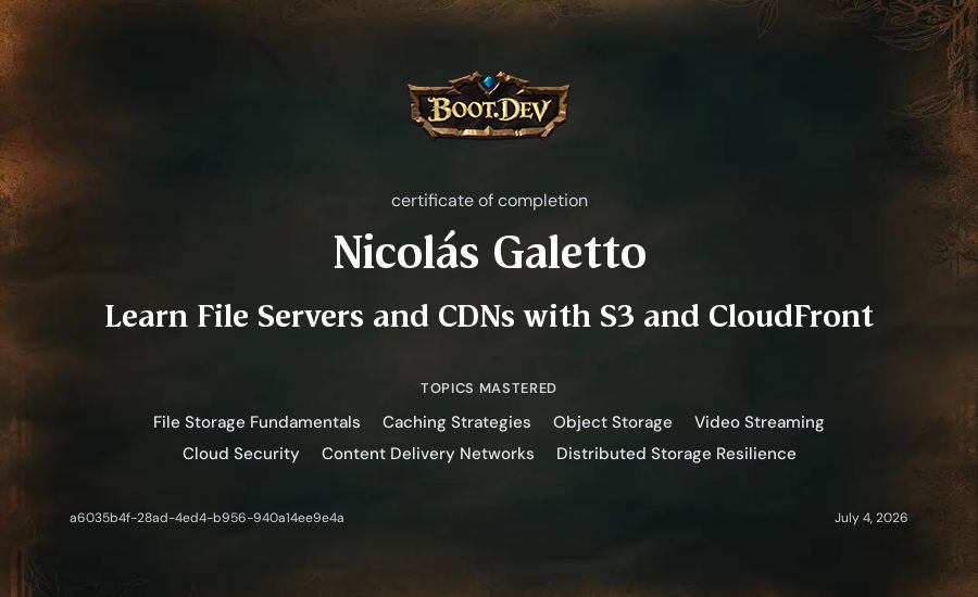 Nicolás Galetto's Boot.dev Learn File Servers and CDNs with S3 and CloudFront certificate