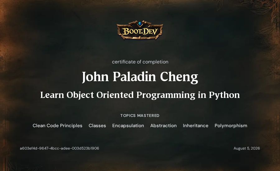 John Paladin Cheng's Boot.dev Learn Object Oriented Programming in Python certificate