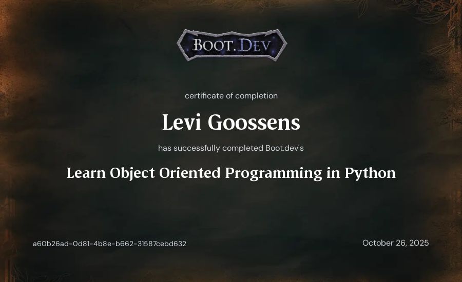 Levi Goossens's Boot.dev Learn Object Oriented Programming in Python certificate