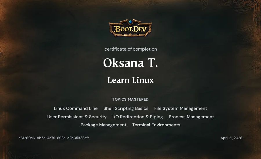 Oksana T.'s Boot.dev Learn Linux certificate