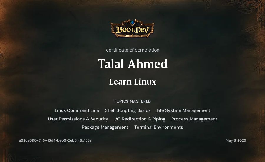 Talal Ahmed's Boot.dev Learn Linux certificate
