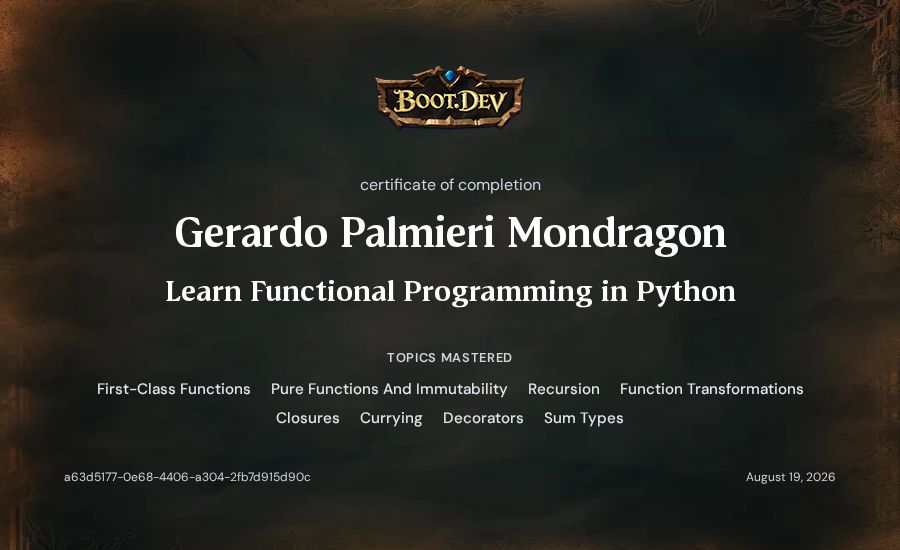 Gerardo Palmieri Mondragon's Boot.dev Learn Functional Programming in Python certificate